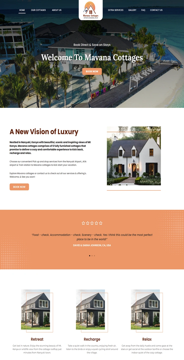 screen shot of mavana cottage website development and design 